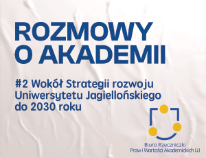 Na białym tle niebieski napis: Rozmowy o Akademii wokół strategii rozwoju uniwersytetu jagiellońskiego do 2030 roku.